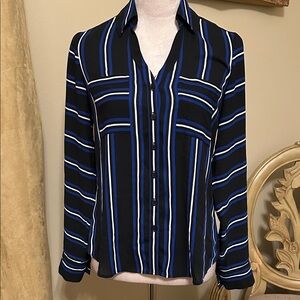 Express Portofino Black and Blue Striped Button-Down Blouse